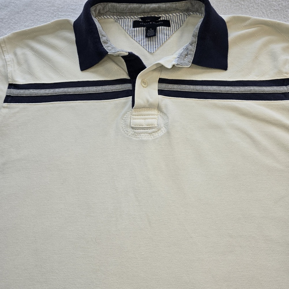 Tommy Hilfiger Men Polo XL Off White Navy Blue Stripe Pique Preppy Short Sleeve.